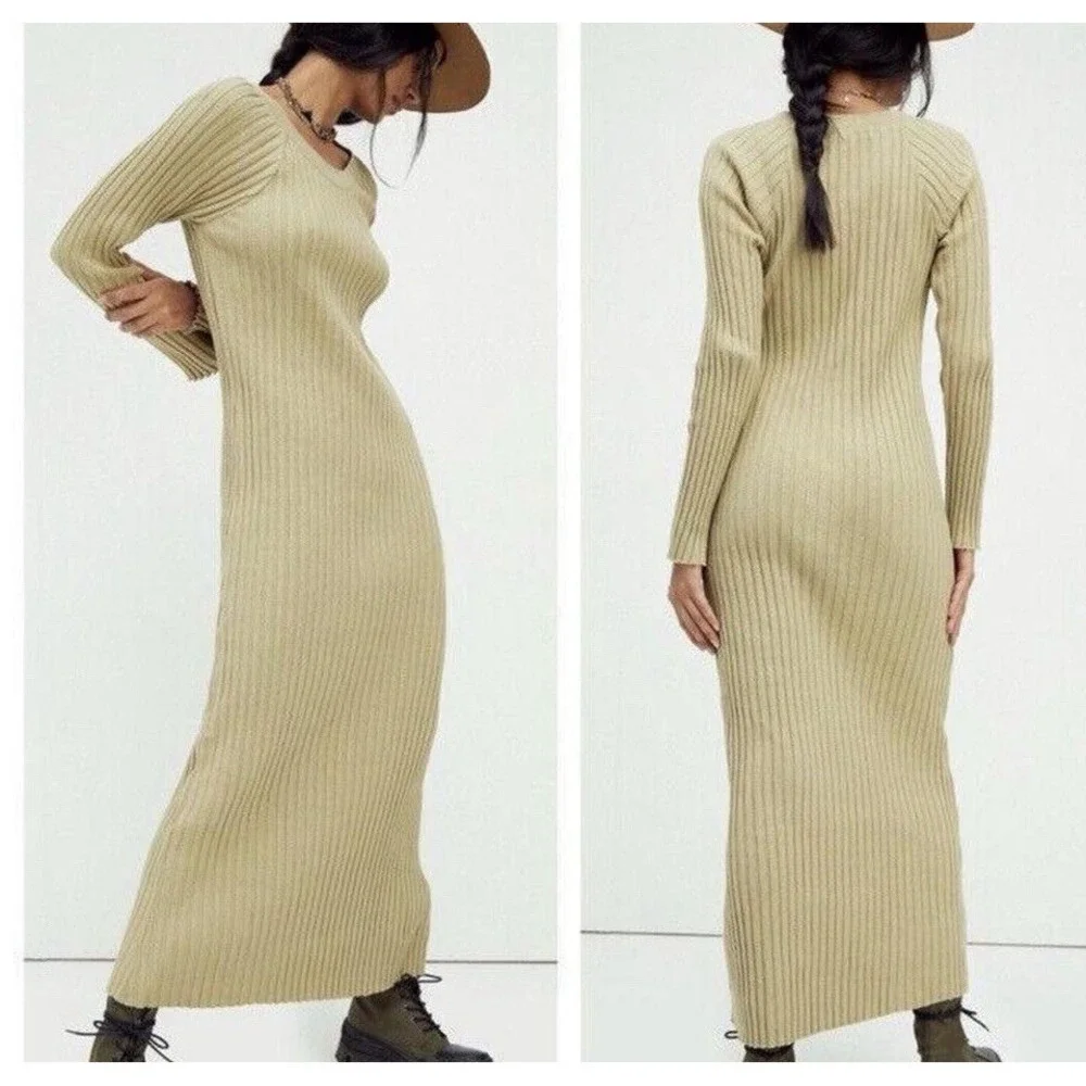 Free People Beach Khaki  Walk About Ribbed Long Sleeve Maxi Dress Bodycon Size L